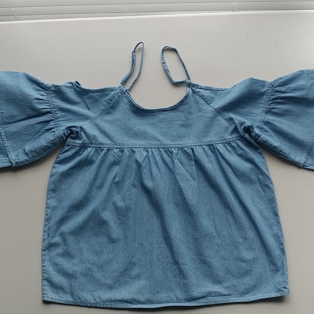 Poof Denim Blouse with ruffle sleeve